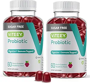 女性のためのViteey Probioticグミー, 男性 & 十代の若者たち, 2 Billion CFUs - Sugar Free - Immune Booster, Digestive Support, Gut Health - ビーガン, ゼラチンフリー, GMOフリー - Tasty Chewable Raspberry Flavored Gummy