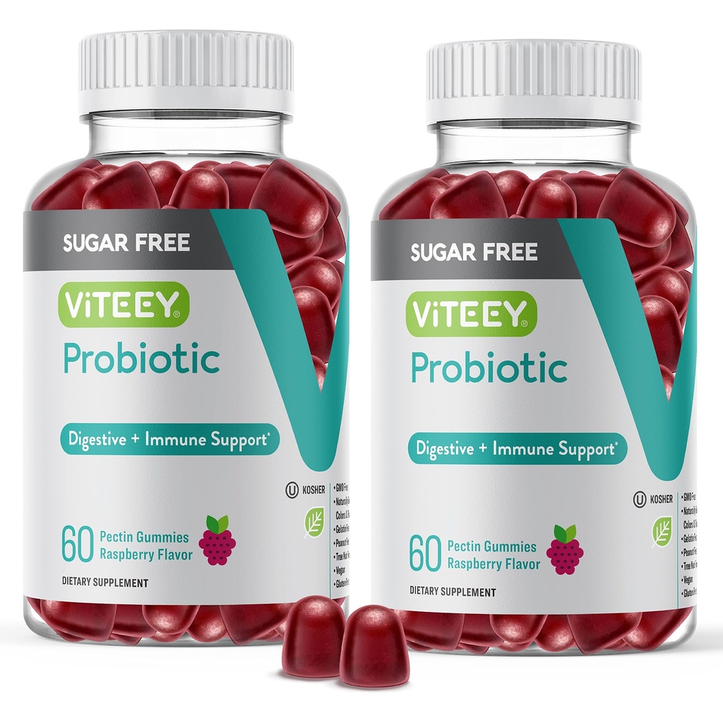 女性のためのViteey Probioticグミー, 男性 & 十代の若者たち, 2 Billion CFUs - Sugar Free - Immune Booster, Digestive Support, Gut Health - ビーガン, ゼラチンフリー, GMOフリー - Tasty Chewable Raspberry Flavored Gummy