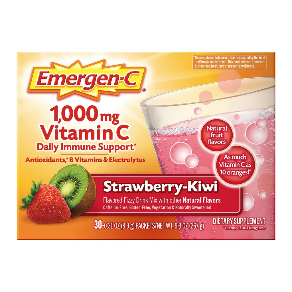 Emergen-C 1000mgビタミンC免疫サポートパウダーストロベリーキウイ30CTには、亜鉛、マンガン、7 Bビタミン、および学校エッセンシャルに戻る電解液が含まれています