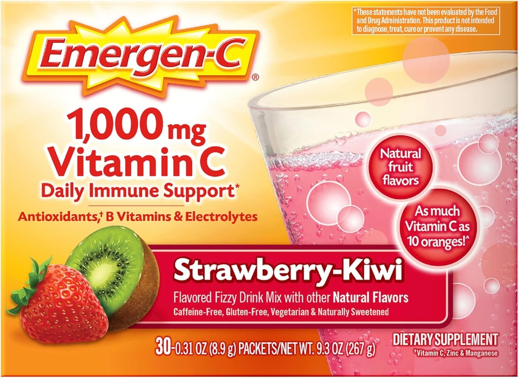 Emergen-C 1000mgビタミンC免疫サポートパウダーストロベリーキウイ30CTには、亜鉛、マンガン、7 Bビタミン、および学校エッセンシャルに戻る電解液が含まれています