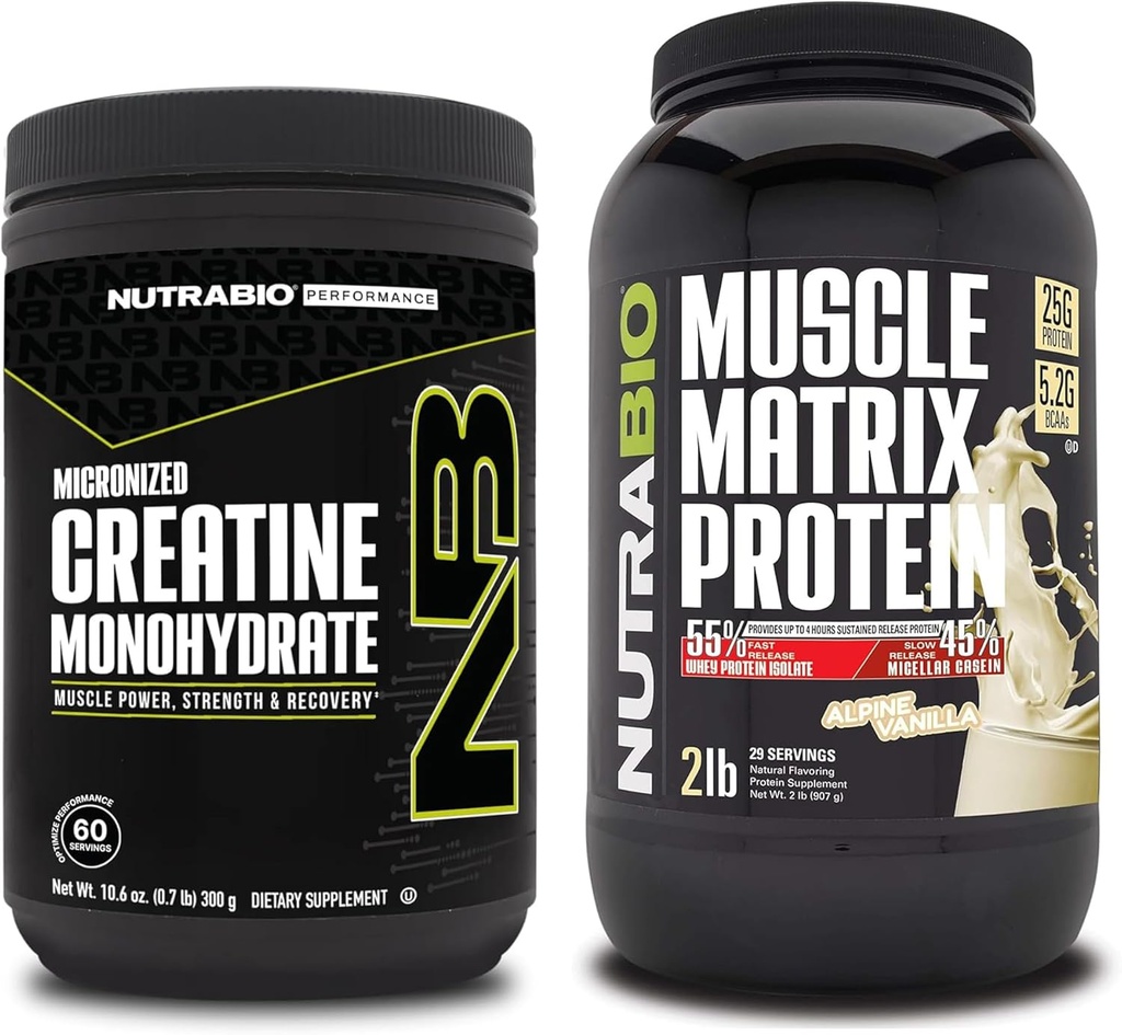 NutraBioクレアチンモノハイドレート、非風味、(300 g)およびマッスルマトリックスタンパク質粉末(Vanilla)サプリメントバンドル - 筋肉エネルギー、最大成長、回復、および強度