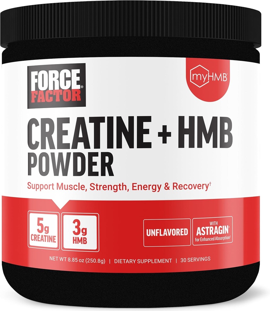 Force Factor Creatine HMB Powder, 5g Creatine Monohydrate + 3g myHMB for Muscle Growth, Strength, Energy & Recovery, with AstraGin for Enhanced Absorption, Unflavored, 30 Servings