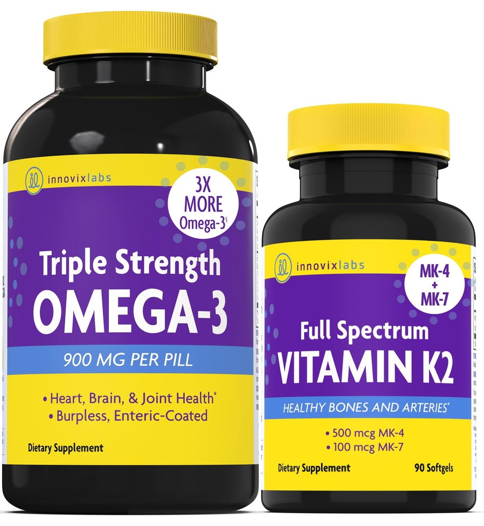 InnovixLabsビタミンK2&トリプルオメガバンドルフルスペクトラムビタミンK2(90 Softgels)トリプル強度オメガ-3フィッシュオイル(200 Softgels)。 健康な骨、動脈および接合箇所を支えて下さい。*