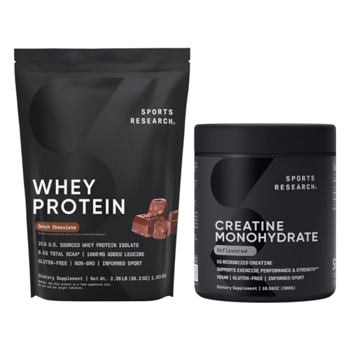 スポーツリサーチ®クレアチンモノハイドレート(10.58 oz)とオランダチョコレートウィープロテイン(2 lbs)、リーンマッスルビルのダイナミックデュオ、パフォーマンスと強度を改善&ワークアウトの回復