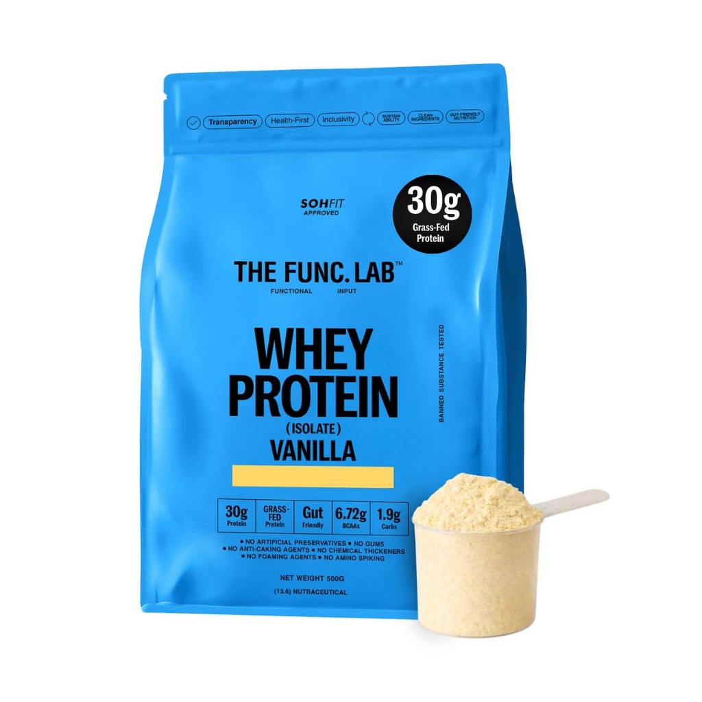 The Func. Lab Whey Protein Isolate - Vanilla Flavour | 500g | Grass‑Fed, 30g Protein, 6.72g BCAA per Scoop | High Protein Supplement for Muscle Growth, Digestion and Absorption Support