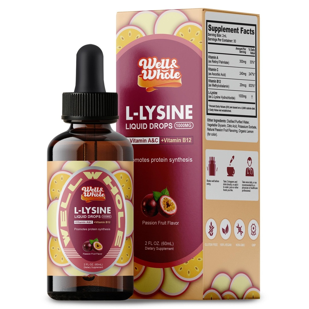 L-Lysineの補足の液体の低下 大人のためのビタミンA、C、およびB12のL-Lysine 1000mgのチンキ 免疫サポート、皮及び唇の健康、コラーゲンの統合 非GMO、ビーガン、2 Fl Oz (60のml)