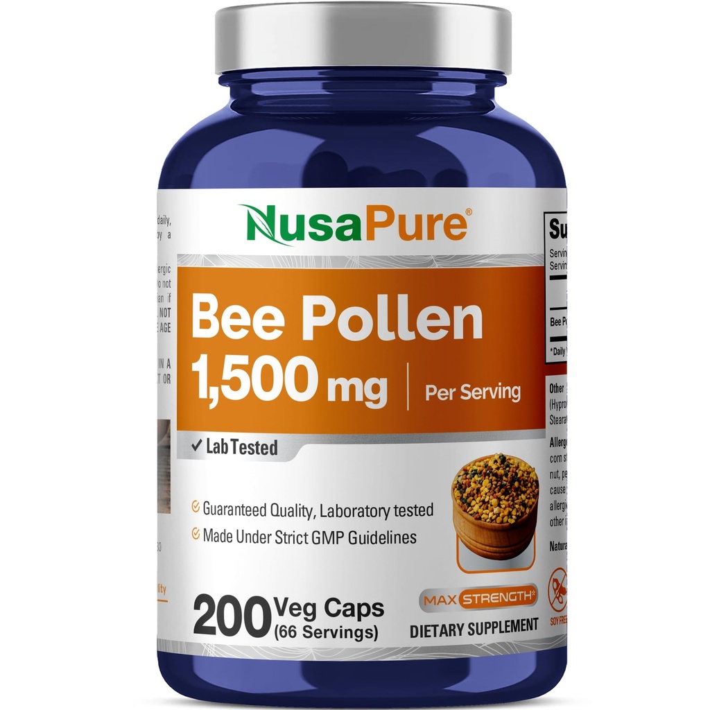 NusaPureビーポーレン1500mg 200ベジーキャップ(100%ベジタリアン、非GMO、ビーガン)自然にプロテインを占有, アミノエイド
