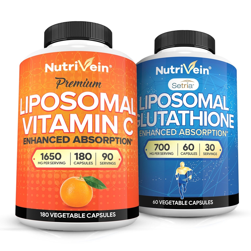 Nutriveinの優れたLiposomalのビタミンC 1650mg及びLiposomalのグルタチオンの束-マスターの酸化防止及びレバーの清潔なハイ 吸収のアスコルビンの-非GMO、ビーガン/ベジタリアン- 180 + 60のカプセル
