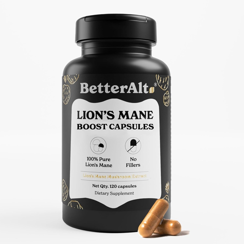 Better Alt Lions Mane Mushroom Capsules, 2 Months Supply | 100% Fruit Body Lions Mane Supplement | 30% Polysaccharides | 15:1 Lions Mane Extract 1000mg| 120 Count