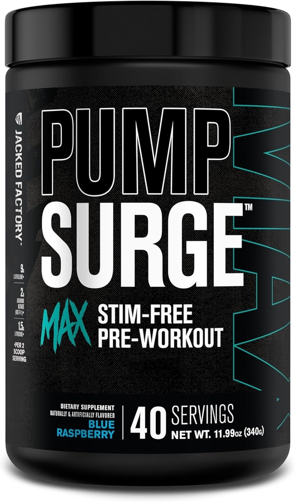 Jacked Factory Pumpsurge Max Stim Free Pre Workout - L-Citrulline、N03-T Arginine Nitrate&Glutathione - 40 サービング、Blue Raspberry