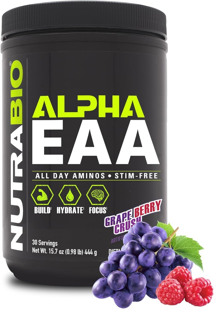 NutraBio アルファ EAA - 筋肉成長と水分補給のためのオールデイ アミノ 酸 - ノトropics とアダプトゲンの必須アミノ酸 - フルスペクトラム EAA BCAA パウダー - 30 サービング - グレープベリー クラッシュ
