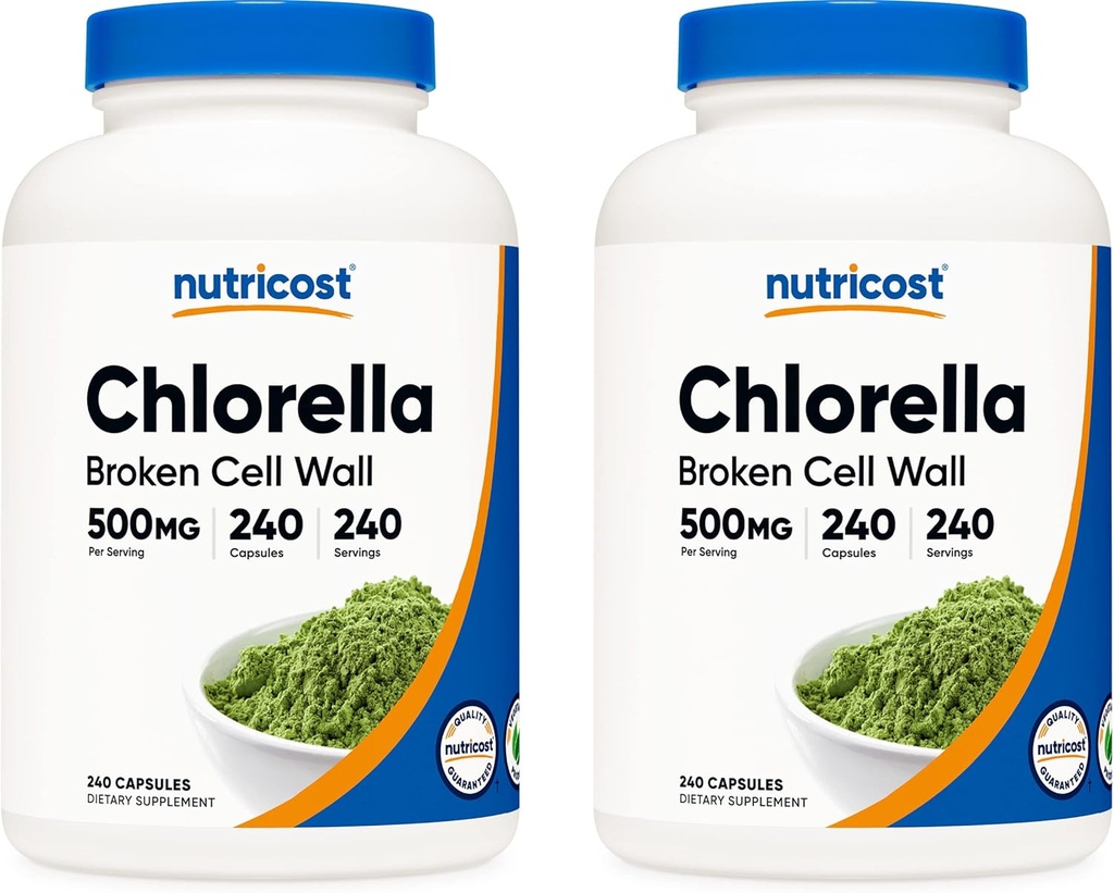Nutricost Chlorella カプセル (2 本のびん) 500mg、びんごとの 240 のカプセル