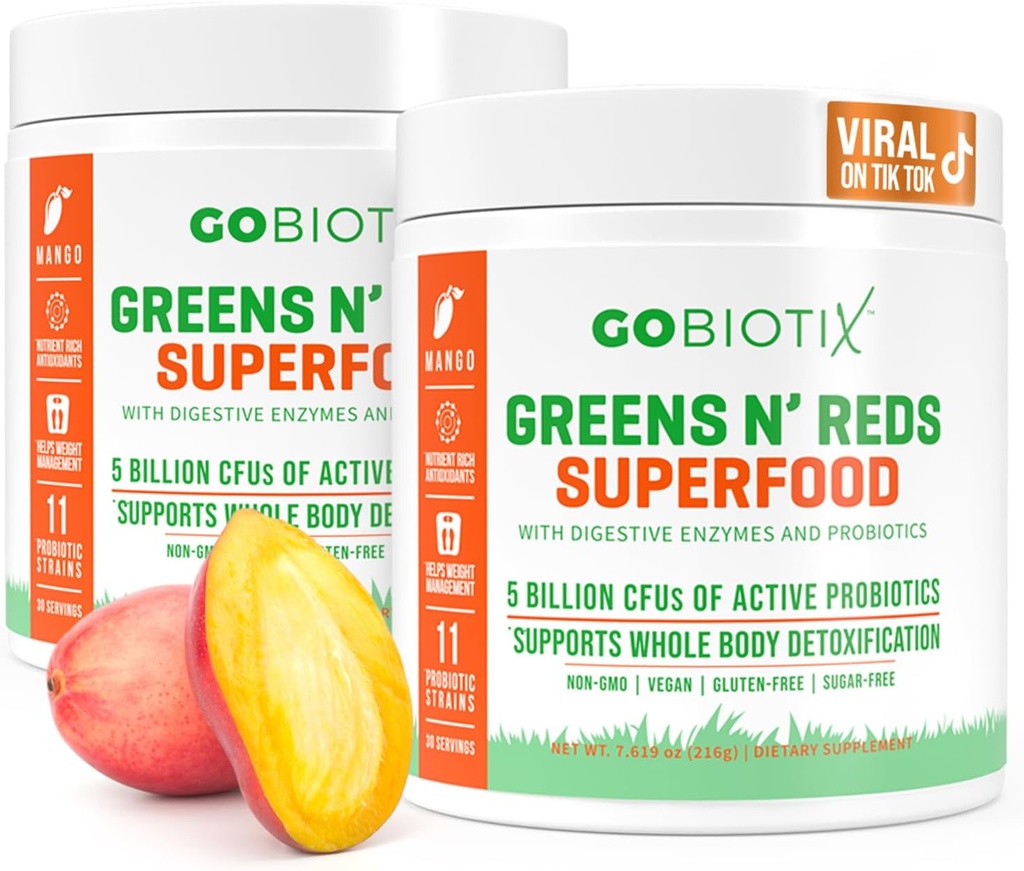 GOBIOTIX Super Greens and Reds Powder - Red and Green Superfood - Probiotic Supplement - Digestive Enzymes and Beet Root Powder - Organic Whole Foods Dietary Supplement (Mango, 2 Pack)