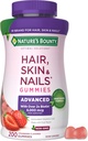 Nature's Bounty Optimal Solutions Advanced Hair, Skin and Nails Pectin Gummies, 2x Biotin Per サービング, No Stick Gummy, ベジタリアンフォーミュラ, Strawberry Flavor, 200 ct, 100 Total サービング