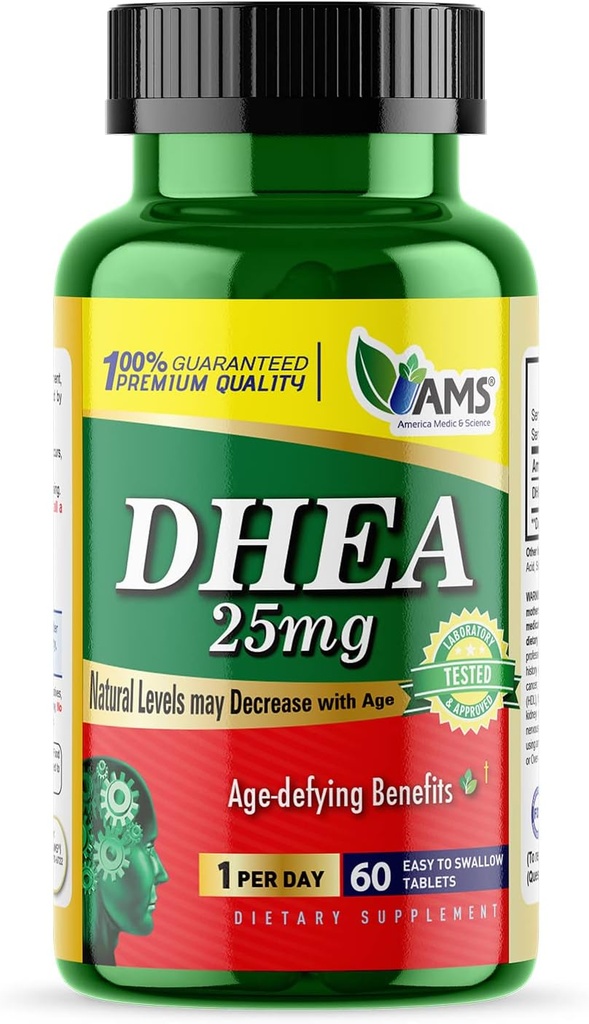 アメリカ薬科学 DHEA 25 mg(60錠) | 男性と女性のためのサプリメント | 免疫サポート、ホルモンバランス、メタボリズムサポート | 年齢防御効果