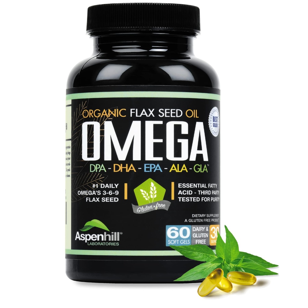 亜麻種子油 - Omega 3 スーパーブレンドDPA、EPA、DHA、ALA、GLAと魚、ボレージ、有機亜麻種子油 - オーバー 2,400ミリグラム強度 - グルテンフリー - 米国製 - 60 SoftGels