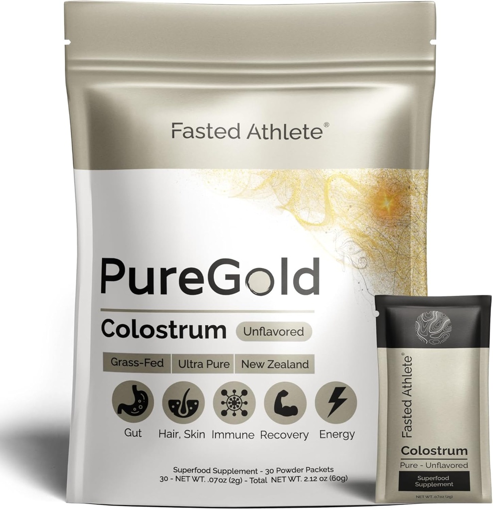 Fasted Athlete - PureGold Colostrum - グラスフェッドコロストラムパウダーは、腸の健康、皮膚、回復、免疫をサポート - 不燃、30シングルサーブパケット