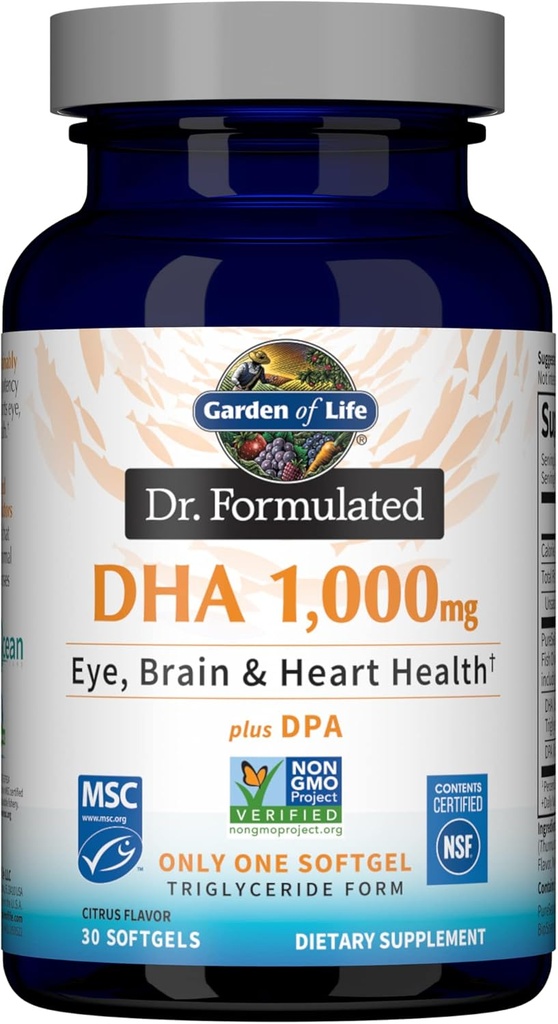 生命の庭 Dr. フォーミュラ DHA 1,000mg 魚油 - レモン、トリグリセリド フォームの 1 日 1000mg DHA + DPA、単源オメガ 3 究極の目のためのサプリメント, 脳 & 心の健康, 30 Softgels