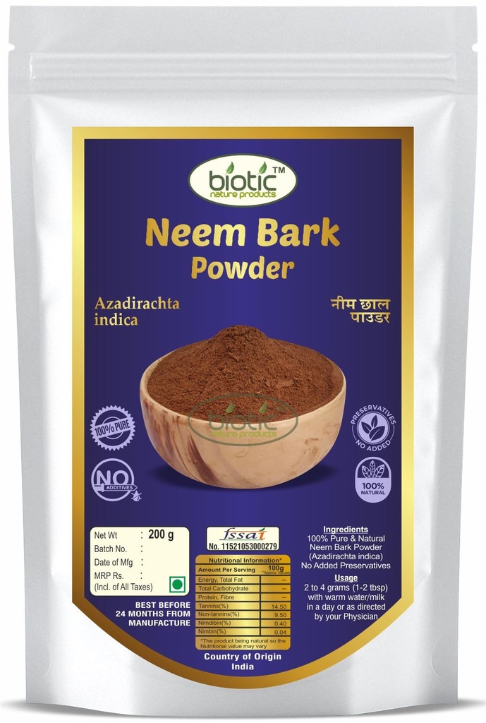 Biotic Natural Neem Bark Powder (Azadirachta indica) - Neem Chaal Powder for Teeth Cleaning and Eating - 200gm