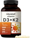 NatureBellビタミンD3 5,000 IU + K2 100 mcg、240 Softgels | バージンココナッツオイルで毎日2-in-1フォーミュラ | 骨、心臓、免疫サポート | MK-7フォーム | 非GMO、グルテンフリー