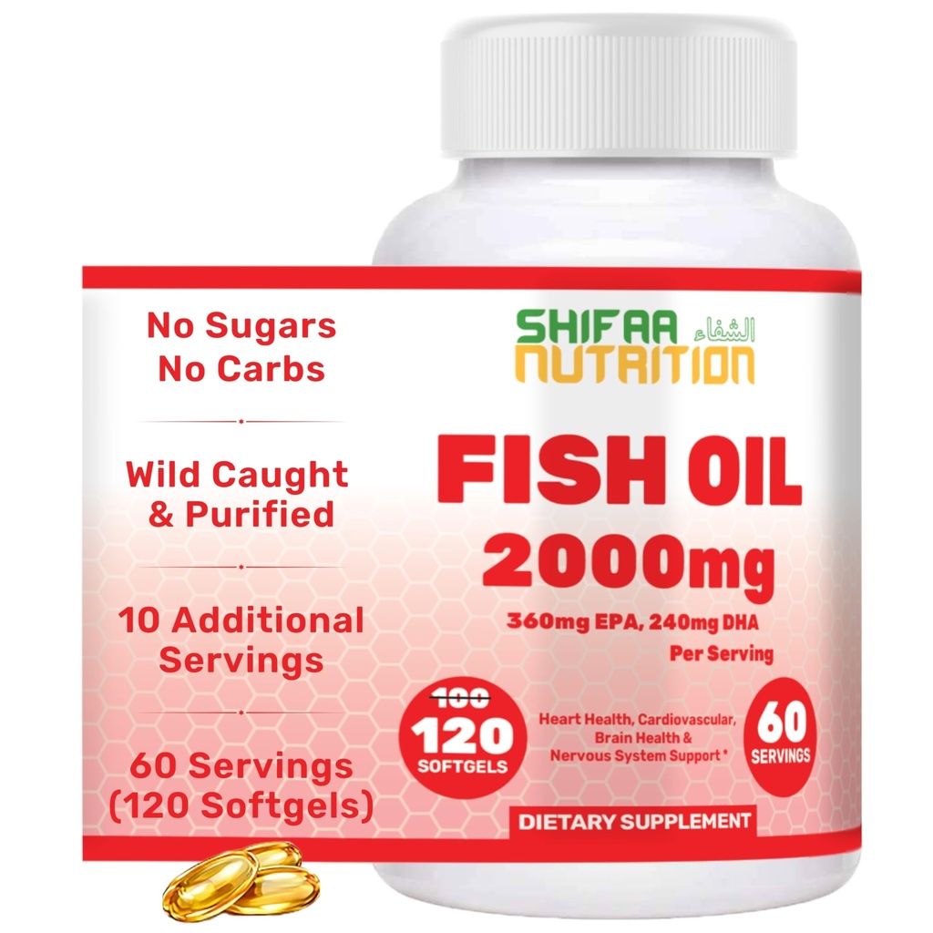 SHIFAA NUTRITION ハラールフィッシュオイル 2000mg Softgels with 360mg EPA & 240mg DHA. 100 ワイルドキャッチ&非GMOオメガ 3 ハート&脳の健康のためのソフトジェル. ブルプレス、簡単に飲みやすい魚油オメガ3サプリメント