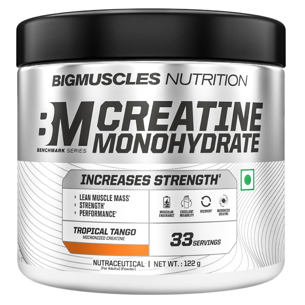 Bigmuscles Nutrition Creatine Monohydrate (33 Servings, Tropical Tango) | Micronised Creatine Powder For Enhanced Muscle Strength With Rapid Absorption | Powered By Stevia - No Artificial Sweetners [122g]