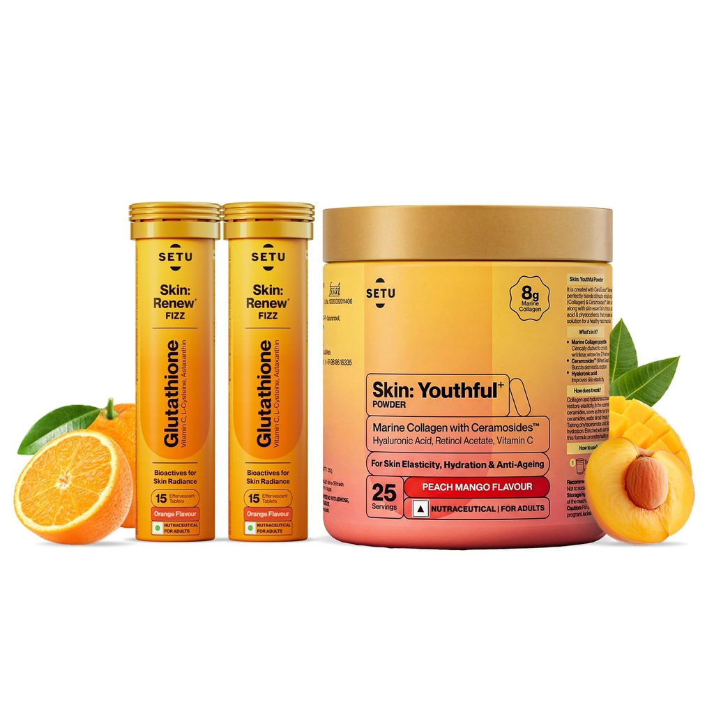 Setu Skin Renew Glutathione Fizz 30 Tablets for Skin Glow & Brightness with Skin Youthful Marine Collagen Powder (Peach Mango,250 g) | Fight Fine Lines & Wrinkles | Powered by Master Antioxidant Glutathione | Promotes Radiant Skin | Skin Supplements for Women & Men (Combo Pack)