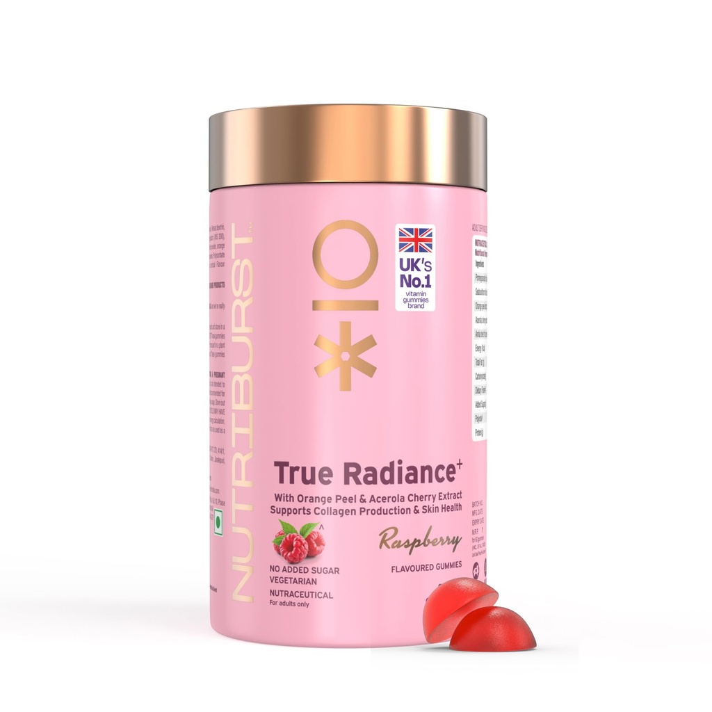 Nutriburst True Radiance Collagen Gummies | Raspberry Flavour with Orange Peel & Acerola Cherry Extract | Supports Collagen Production and Skin Health | No Added Sugar | Enhances Skin Elasticity and Glow | For Men and Women | 60 Gummies