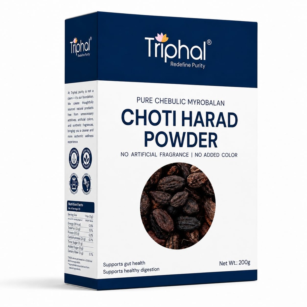TRIPHAL Choti Harad Churna 200g | Organic and Pure Black Himej Powder | Edible Grade Kadukkai/Karakkaya/Myrobalan | Non GMO | Preservative Free