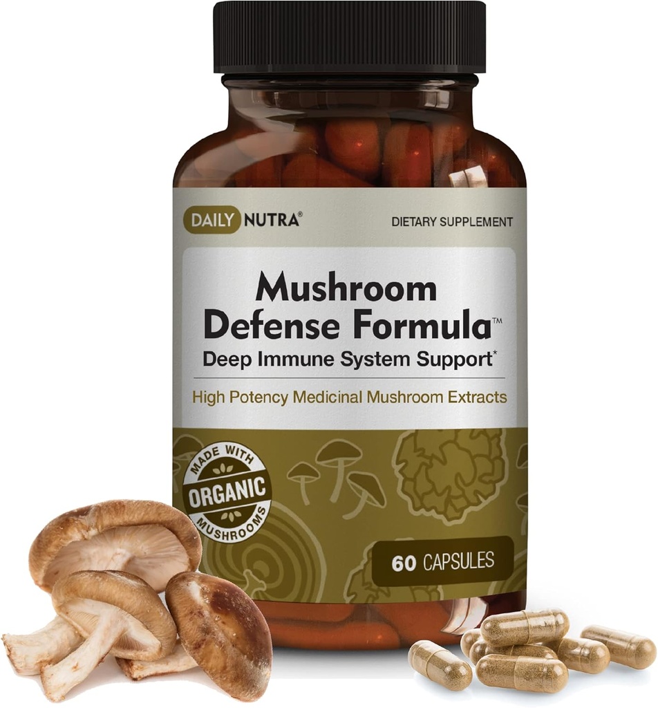 DailyNutraキノコ防衛フォーミュラ - 免疫サポートサプリメント  有機マッシュルーム、お湯抽出 - Reishi、Chaga、Maitake、シイタケ&トルコテール(60カプセル)