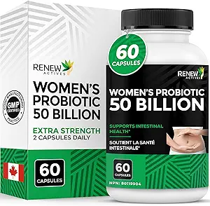RENEW ACTIVES Probiotics for Women 50 Billion CFU / 2カプセル – MAKTREK Technology, 4 Probiotic Strains & Prebiotic Blend – Digestion Health & Gut Flora Balance – カナダ製 – 60カプセル