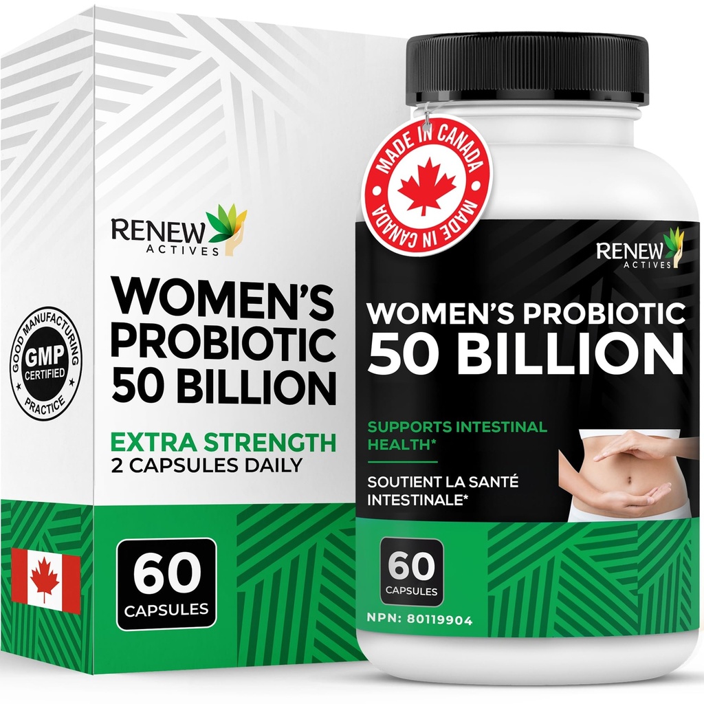 RENEW ACTIVES Probiotics for Women 50 Billion CFU / 2カプセル – MAKTREK Technology, 4 Probiotic Strains & Prebiotic Blend – Digestion Health & Gut Flora Balance – カナダ製 – 60カプセル