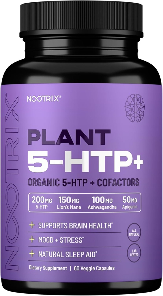 Nootrixの有機性植物5 HTP+ サプリメント | メモリ、メンタルフォーカス、認知健康とエネルギーをサポート | 健康な気分と脳機能の促進 | ビタミンB6&Lテアニン | 60カプセル