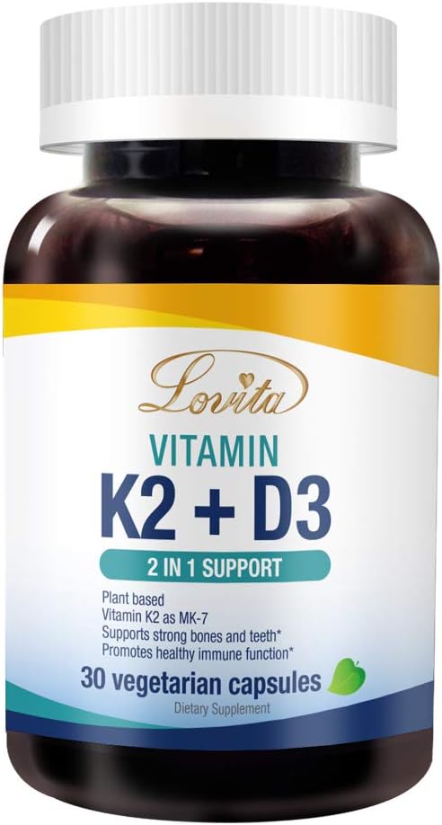 Lovita Vitamin K2 + D3, 400 IU Vegan Vitamin D3 & 120 mcg Vitamin K2 (MK-7), 2 in 1 Formula, Immune Vitamin Complex, 30 Vegetarian Capsules