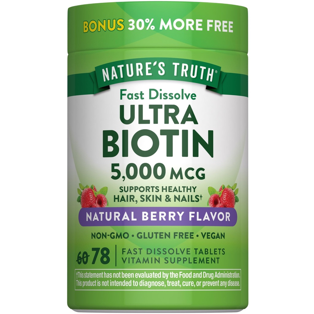 Nature's Truth Biotin 5000mcg | 78 Fast Dissolve Tablets | Natural Berry Flavor | Vegan, Non-GMO & Gluten Free