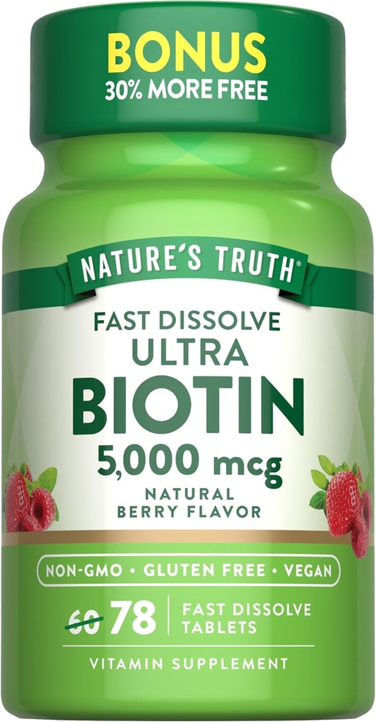 Nature's Truth Biotin 5000mcg | 78 Fast Dissolve Tablets | Natural Berry Flavor | Vegan, Non-GMO, Gluten Free