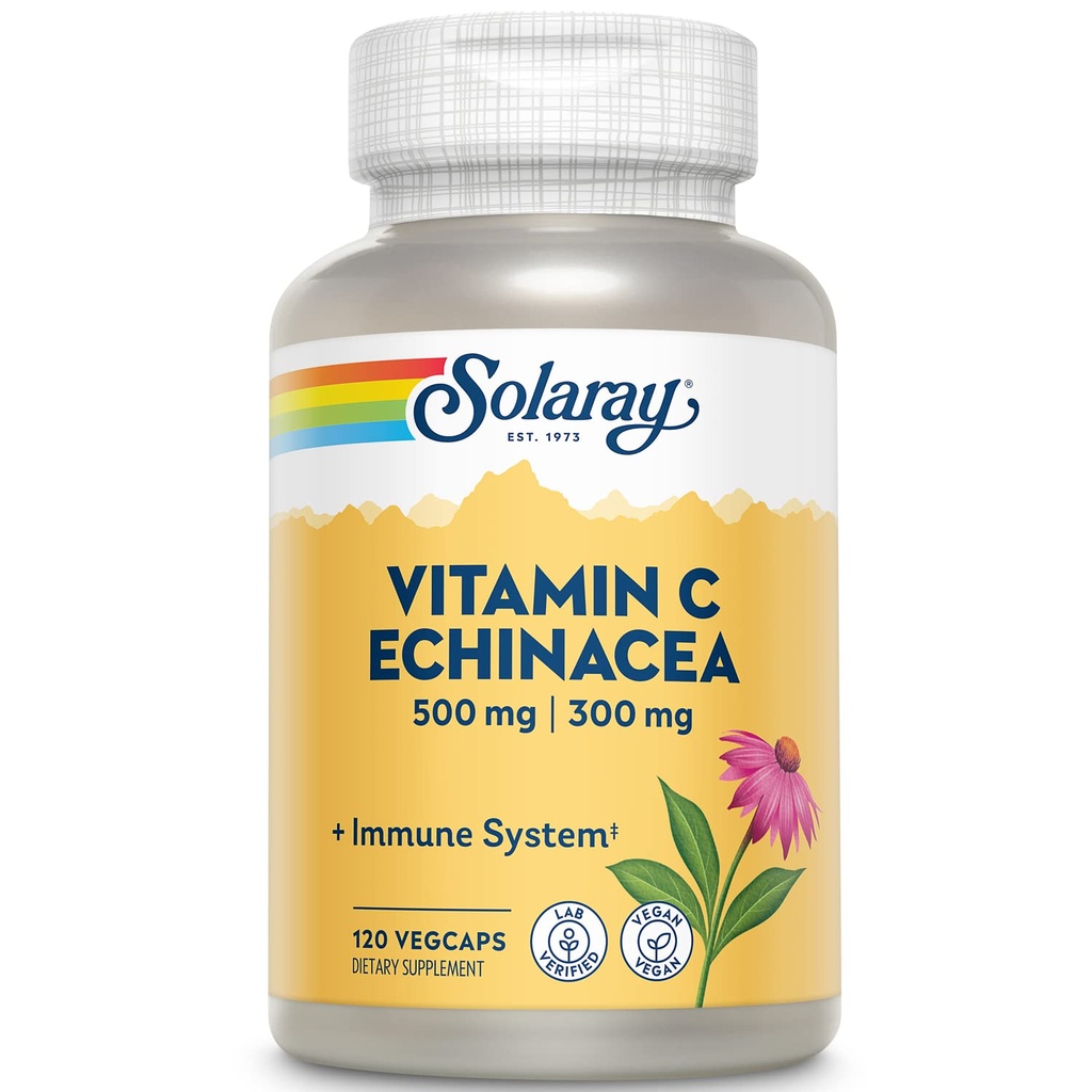 SOLARAYビタミンC&Echinacea Root | 健康な免疫システムサポート w / 500 mg VIT C & 300 mg Echinacea カプセルあたり | GMO&Vegewel | 120 野菜