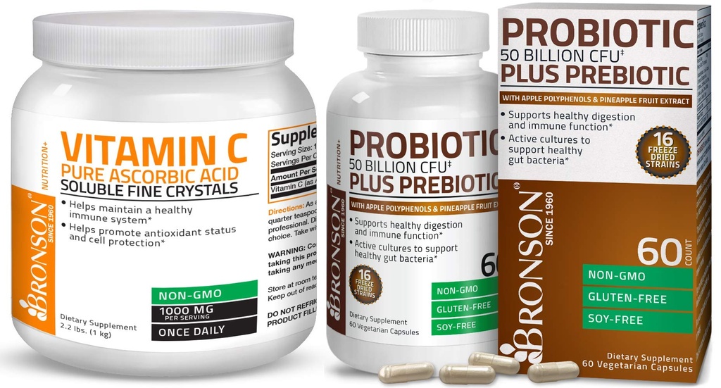 Bronson Probiotic 50 Billion CFU + Appleのポリフェノール及びパイナップルのフルーツのエキスのビタミンCの粉の純粋なアスコルビン酸のSolubleの罰金の非GMOの水晶が付いているPrebiotic
