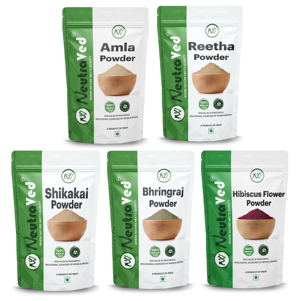 NeutraVed Amla Reetha Shikakai, Bhringraj and Hibiscus Powder for Hair |Aritha|Ritha|Soapnuts|Indian Gooseberry |organic Bhringraj |Hibiscus /gudhal /gudhal fool powder(Pack of 5 ,50g each ,Total 250g Pack)