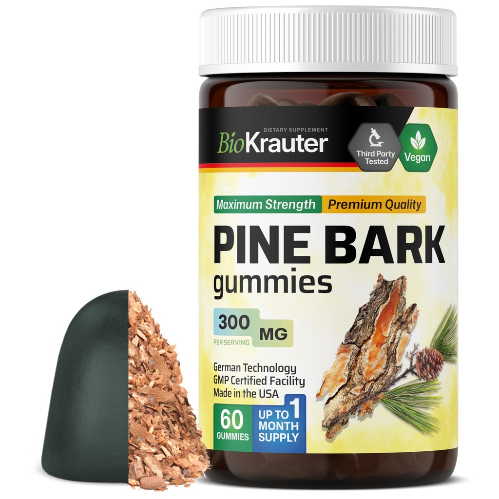 BIO KRAUTER パイン バルク エキス グミ - 300 mg 強度 - 60 ビーガン咀嚼 - フランスのマリタイム パイン バルク エキス - 抗酸化サプリメント - 95% プロアントホシアニジン - Pectin ベースの式