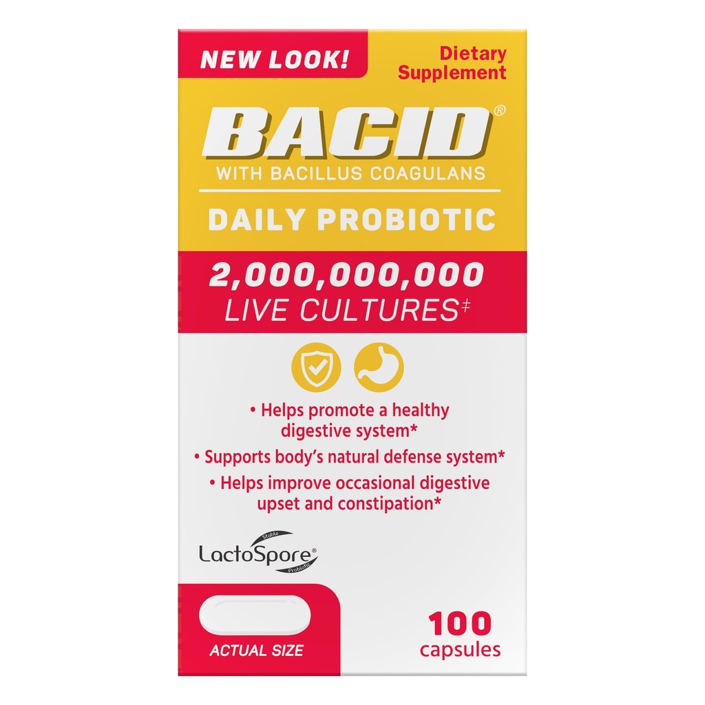 Bacid 毎日のプロバイオティクスと Bacillus Coagulans, 消化の健康のためのサプリメント, 100 カプセル