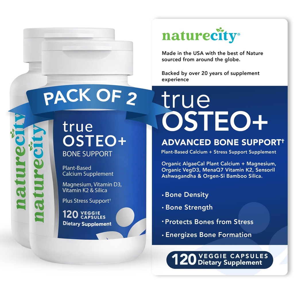 NatureCity True-Osteo+ Bone サポート with Ashwagandha - 強度と密度 - 有機アルゲーカル、マグネシウム、ビタミンD3、K2、シリコン&ストレスサポートを備えた植物ベースのカルシウム  240 ベジギーカプセル