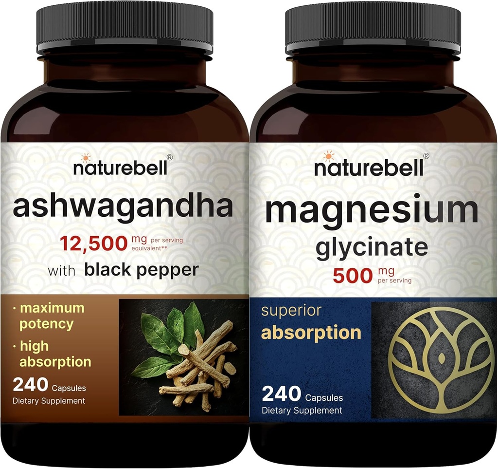 NatureBellのマグネシウムのGlycinateのカプセル500mg及びAshwagandha 12,500のmgは黒いコショウの束のパックと等価です Chelated及び浄化された鉱物 アダプトゲンは弛緩のための補足します
