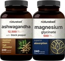 NatureBellのマグネシウムのGlycinateのカプセル500mg及びAshwagandha 12,500のmgは黒いコショウの束のパックと等価です Chelated及び浄化された鉱物 アダプトゲンは弛緩のための補足します