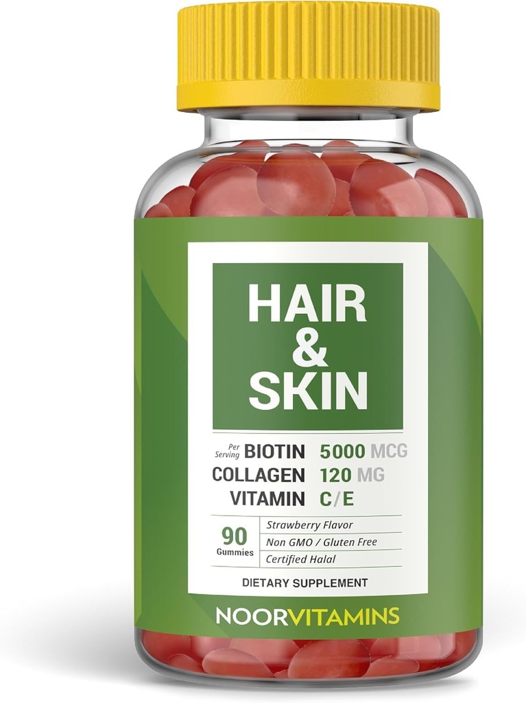 Noor Vitamins Halal Hair Vitamins Biotin, Collagen, Silica, Vitamin C & E Supports Hair, Skin & Nail Health; Natural Strawberry Gummy Vitamins. GMO, Gluten Free & a Certified Halal Vitamin (90 Count)