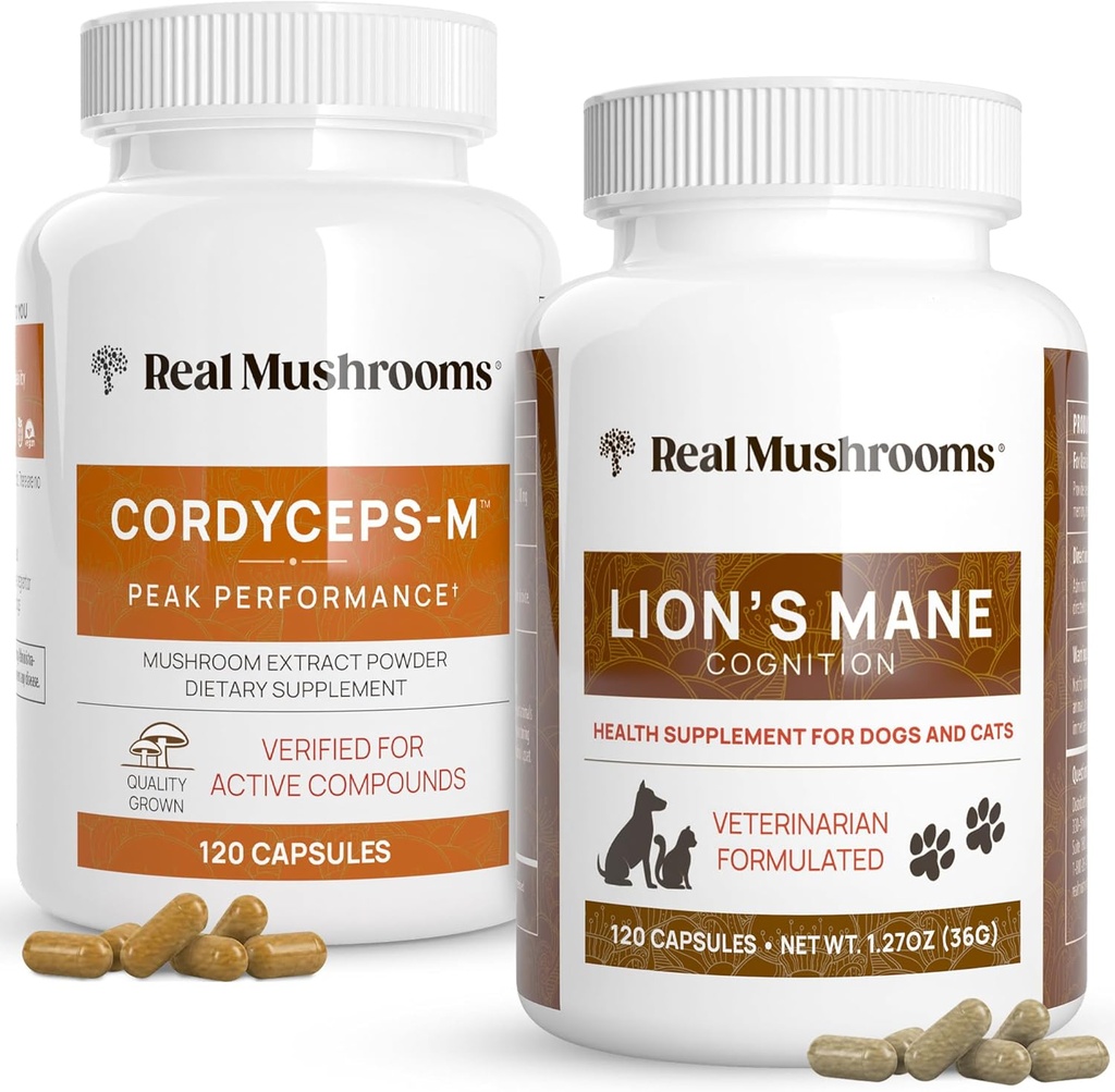 Real Mushrooms Cordyceps for Humans (120ct) and Lions Mane for Pets (120ct) - Bundle for Energy, Vitality & Cognition - Vegan, Non-GMO, Gluten-Free, Grain-Free Mushroom Extract Supplements