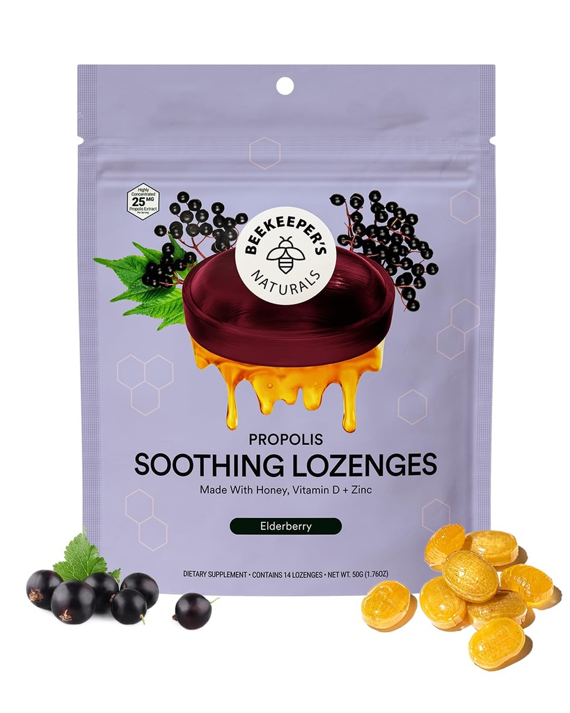 ビタミンD、亜鉛およびプロポリスと免疫サポートを低下させるBeekeeper's Naturals Soothing Honey Elderberry Cough Drops