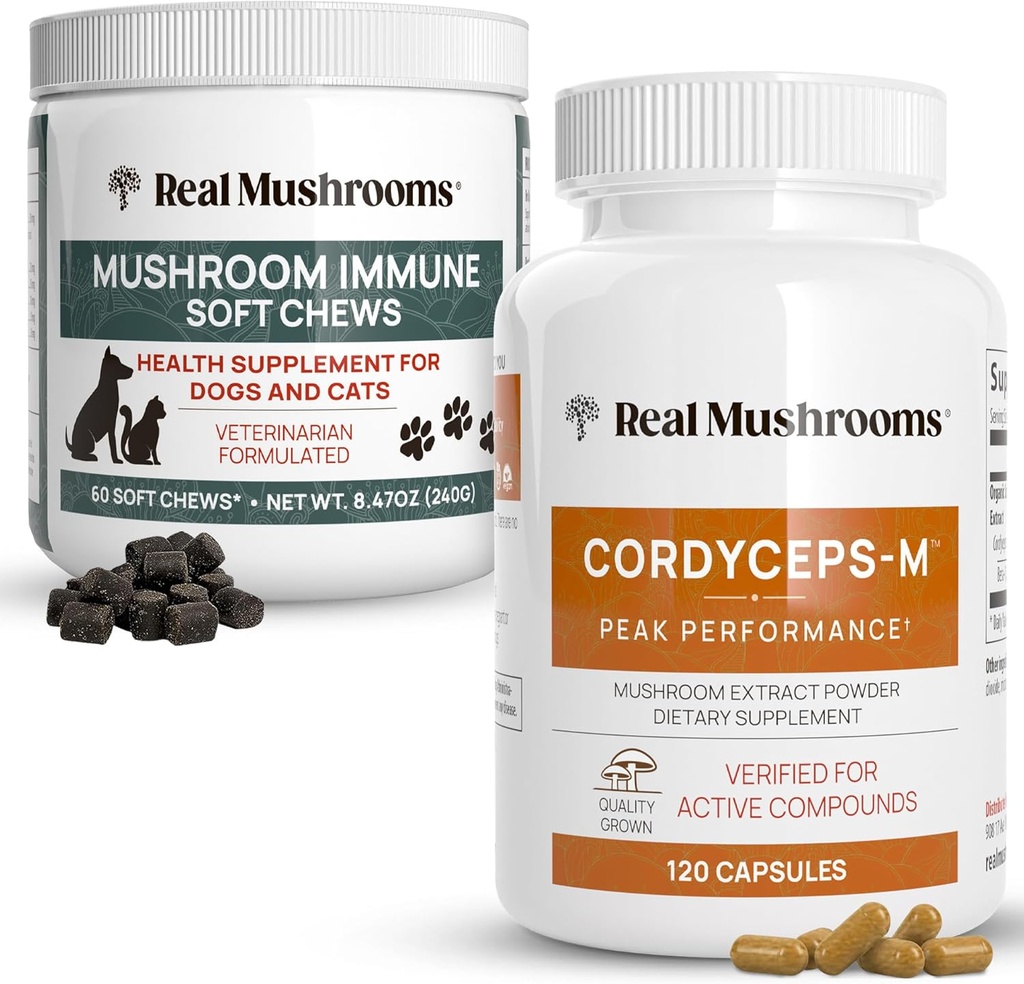人のための本物のキノココルディセプ (120ct) & キノコ免疫ペット咀嚼 (60ct) - エネルギーのためのバンドル, 活力 & 免疫 - アシュワガンダ, アストラガルス&その他 - ビーガン, 非GMO, グルテンフリー, 穀物フリー