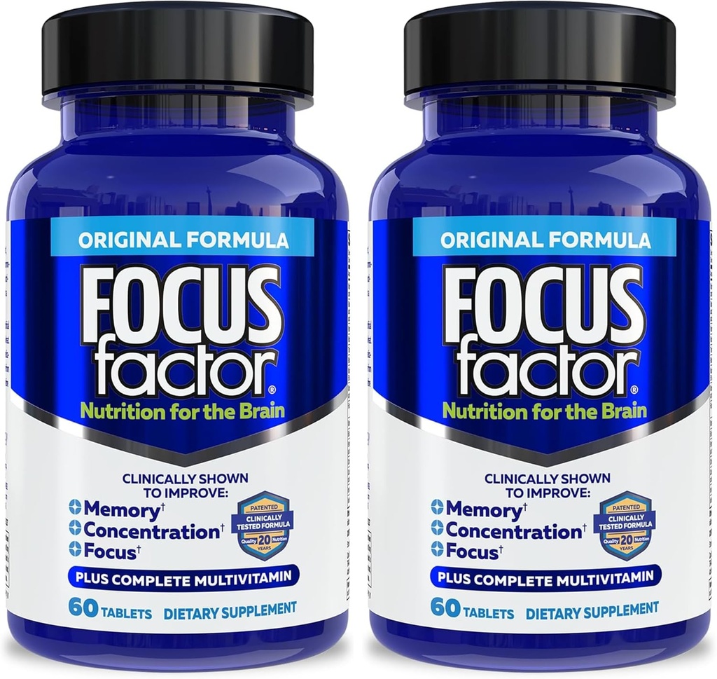 Focus Factor Nutrition for The Brain, Improved Memory & Concentration Brain Supplement, Complete Multivitamin with Vitamins B6, B12, D, Bacopa Monnieri & Tyrosine, 60 Count (Pack of 2)