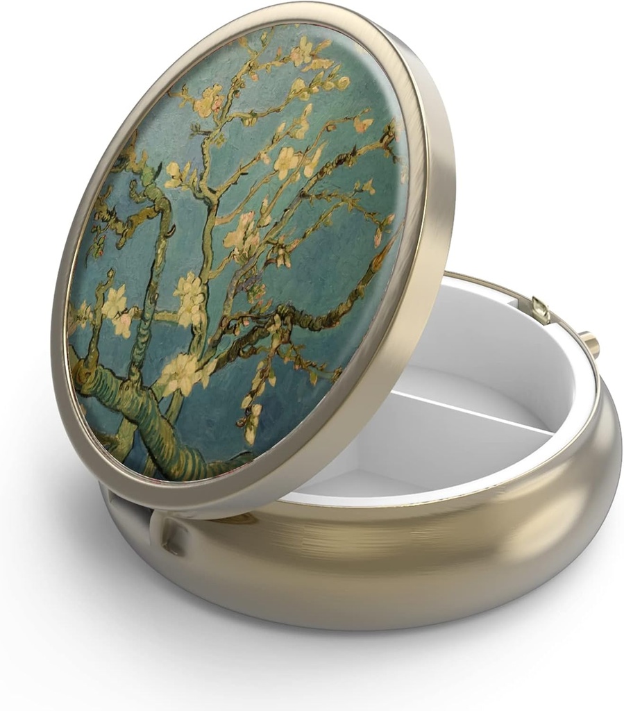 ミラーのレトロ3のコンパートメントの小さい丸薬箱が付いている丸薬箱はまたはポケット青銅の小さい敷物箱かビタミン、魚油、補足、丸薬は旅行ギフト(Vangoghの芸術)を含んでいます